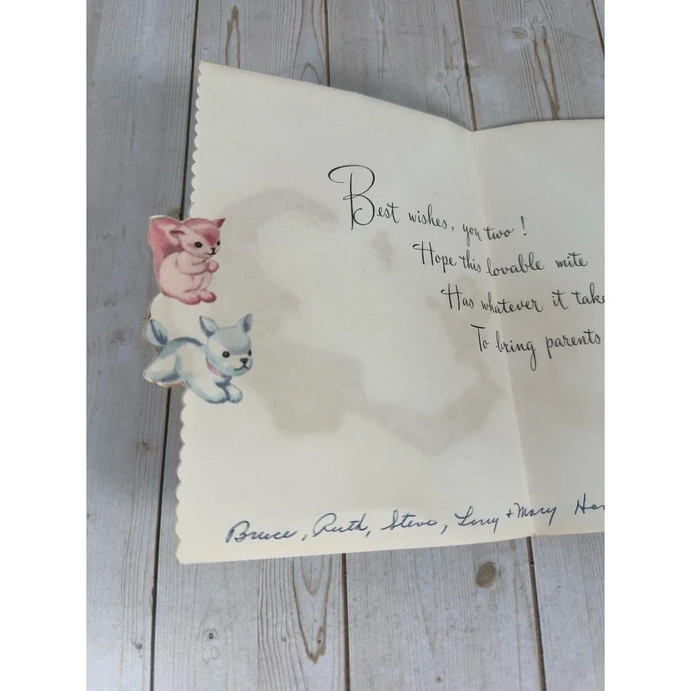 Vintage 1955 Baby Arrival Congratulations Card Flocked Baby Teddy Bears Signed